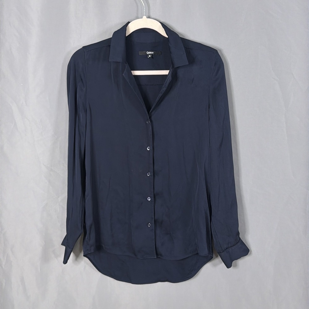 Quince Washable Silk Blouse Womens Medium Navy Blue Button Front Shirt Top